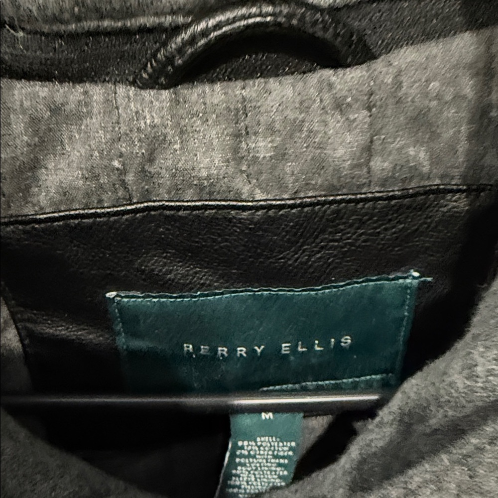 Men's Black Faux Leather Jacket with gray Hoodie medium Perry Ellis zip up - Picture 2 of 5
